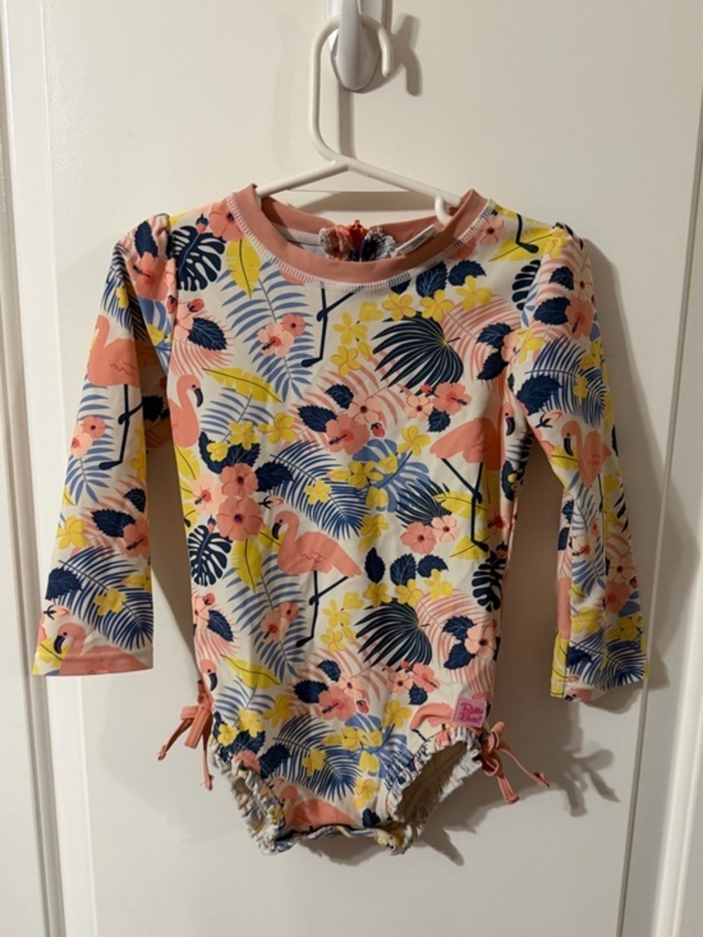 RuffleButts Flamingo Frenzy Long Sleeve Rash Guard Swimsuit 3T